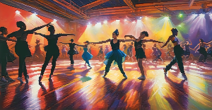 A diverse group of dancers performing on stage, blending hip-hop and ballet styles under colorful lights.