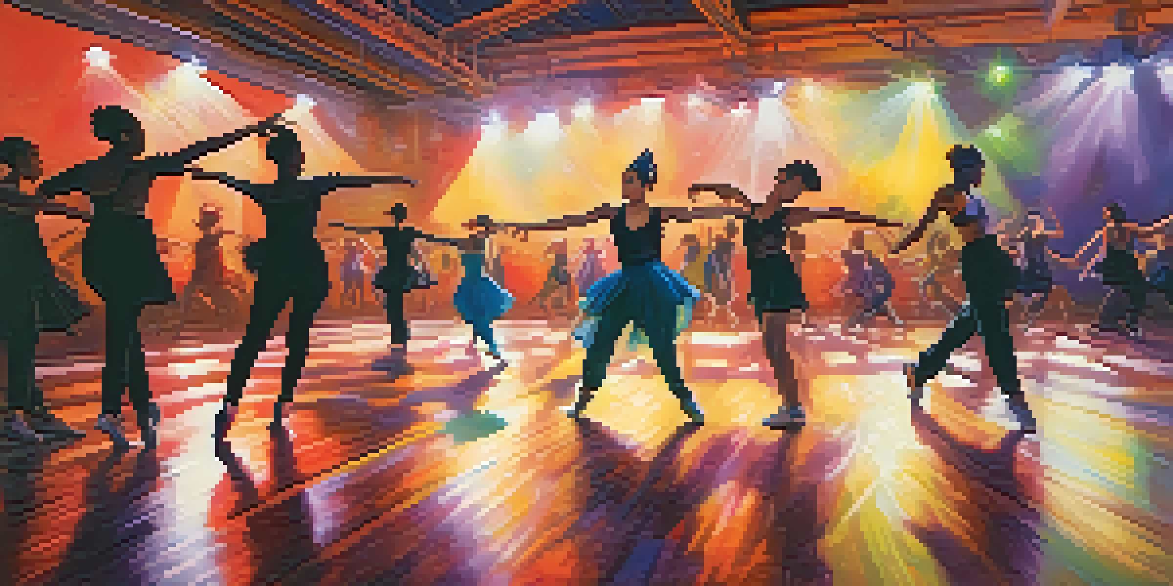A diverse group of dancers performing on stage, blending hip-hop and ballet styles under colorful lights.