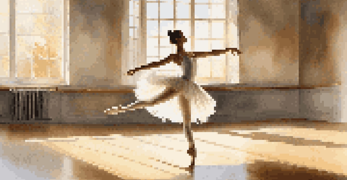 A ballet dancer in a white tutu performing an arabesque in a sunlit dance studio.