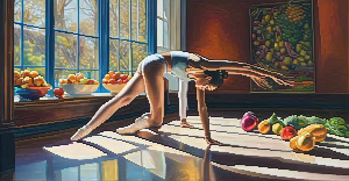 A dancer stretches in a bright studio filled with colorful fruits and vegetables, highlighting nutrition's role in dance.