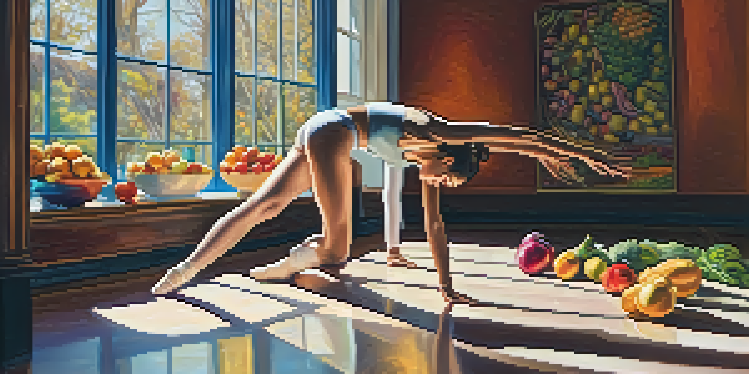 A dancer stretches in a bright studio filled with colorful fruits and vegetables, highlighting nutrition's role in dance.