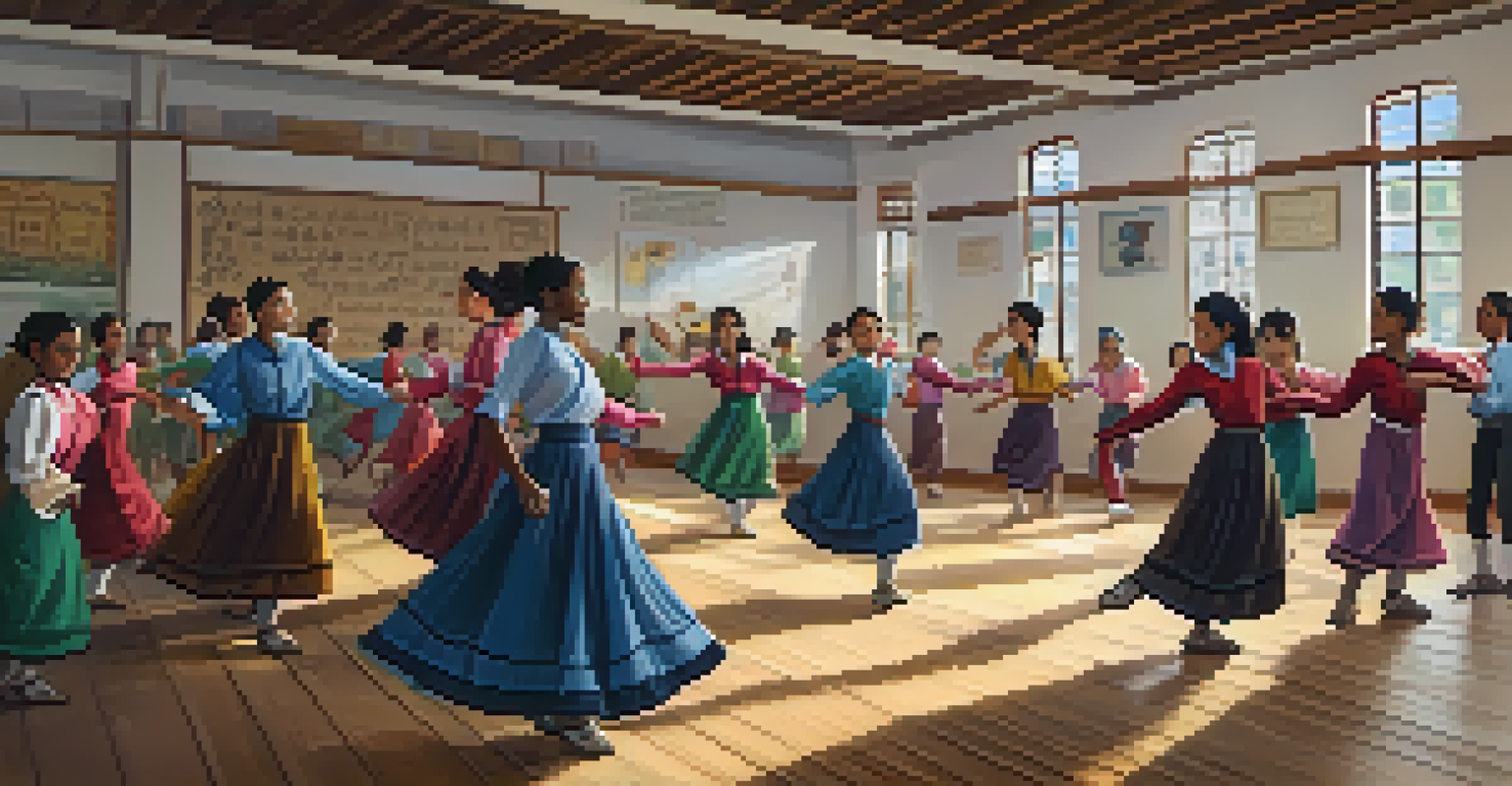 A classroom scene where students are learning folk dance, with a teacher demonstrating steps and cultural artifacts in the background.