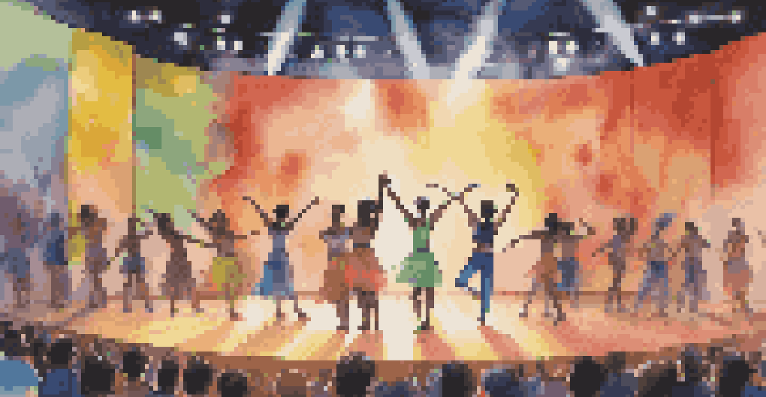 A vibrant performance stage with dancers of different genders performing a routine, surrounded by colorful lights and a mural of unity in the background.