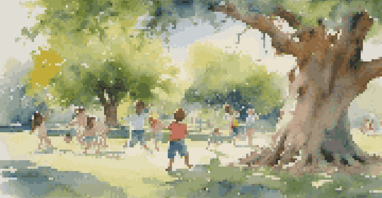 Children playing and dancing in a sunny park, surrounded by nature, showcasing both structured and imaginative play.