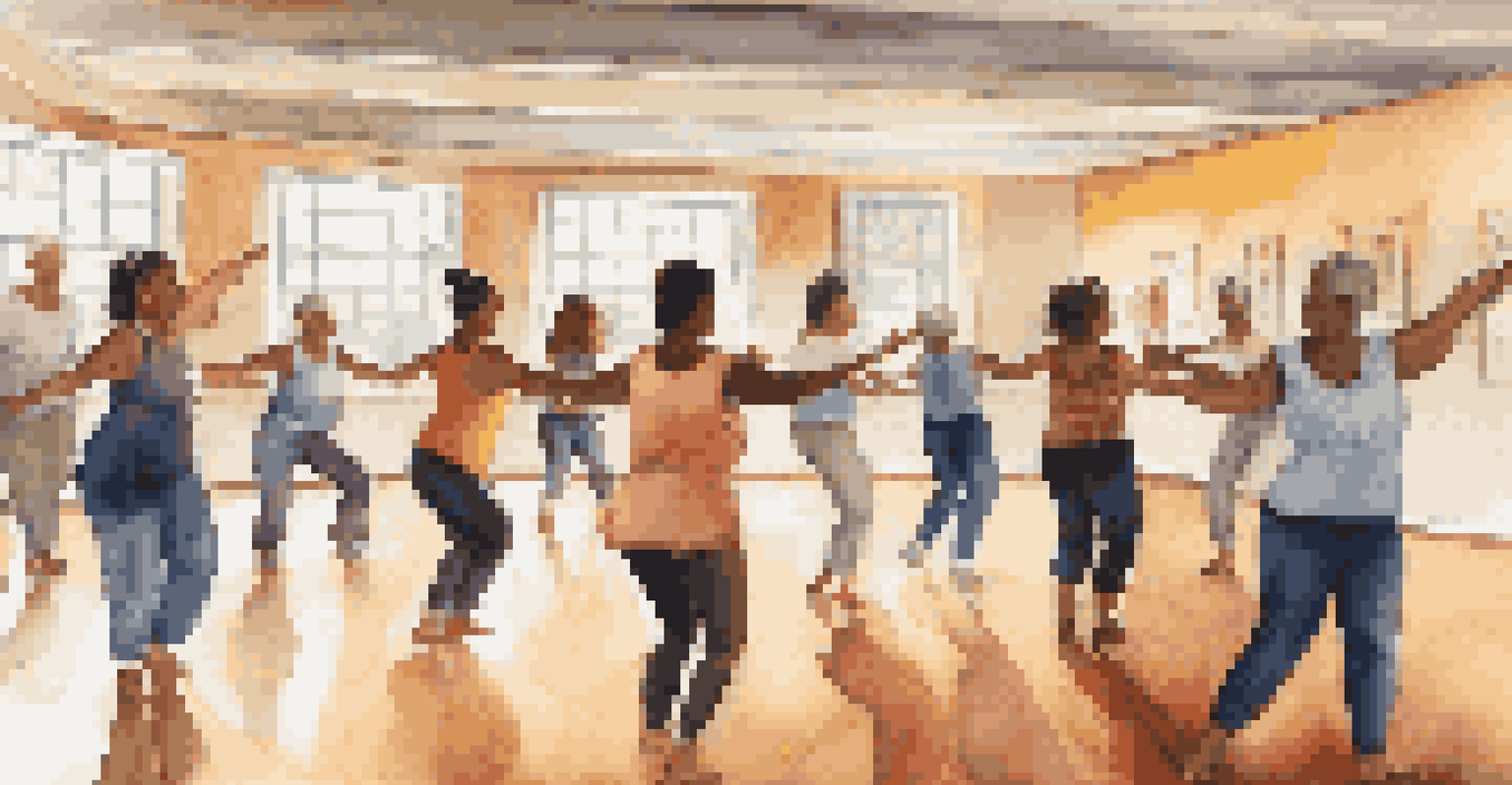 Participants of different ages dancing together in a warm, welcoming community center.