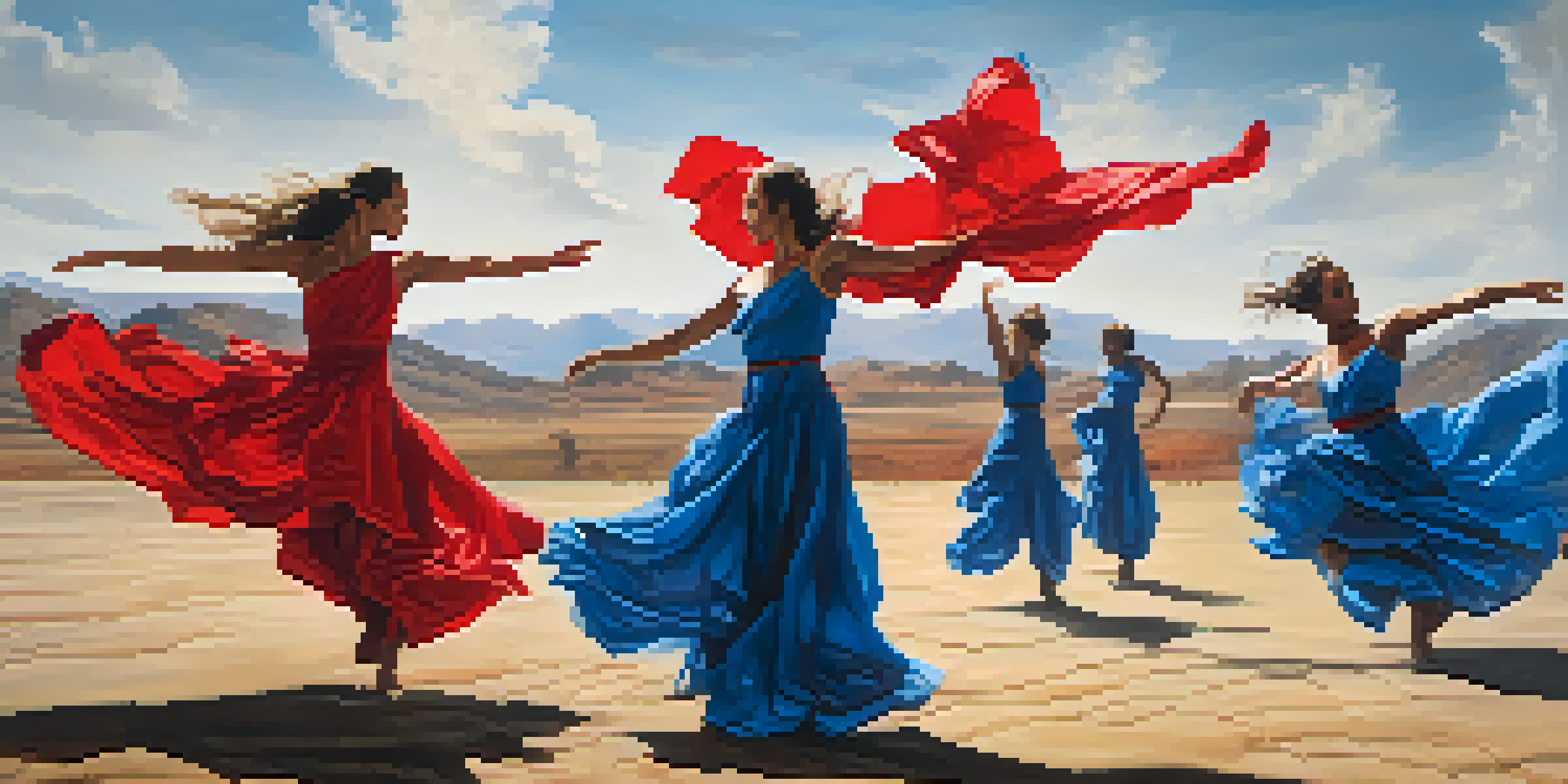 A dance performance in a war-torn setting, with dramatic lighting and dancers in flowing costumes expressing emotion.