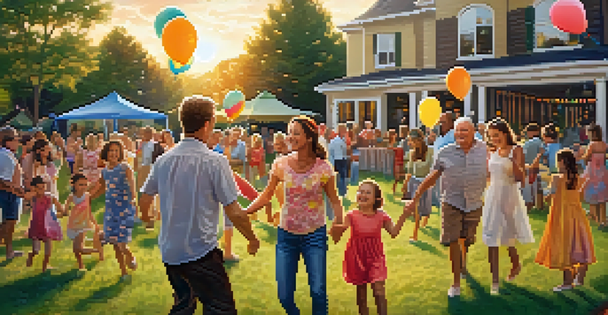 A family of multiple generations dancing joyfully in a backyard during a summer reunion, with colorful decorations and a picnic setup under a warm golden sunset.