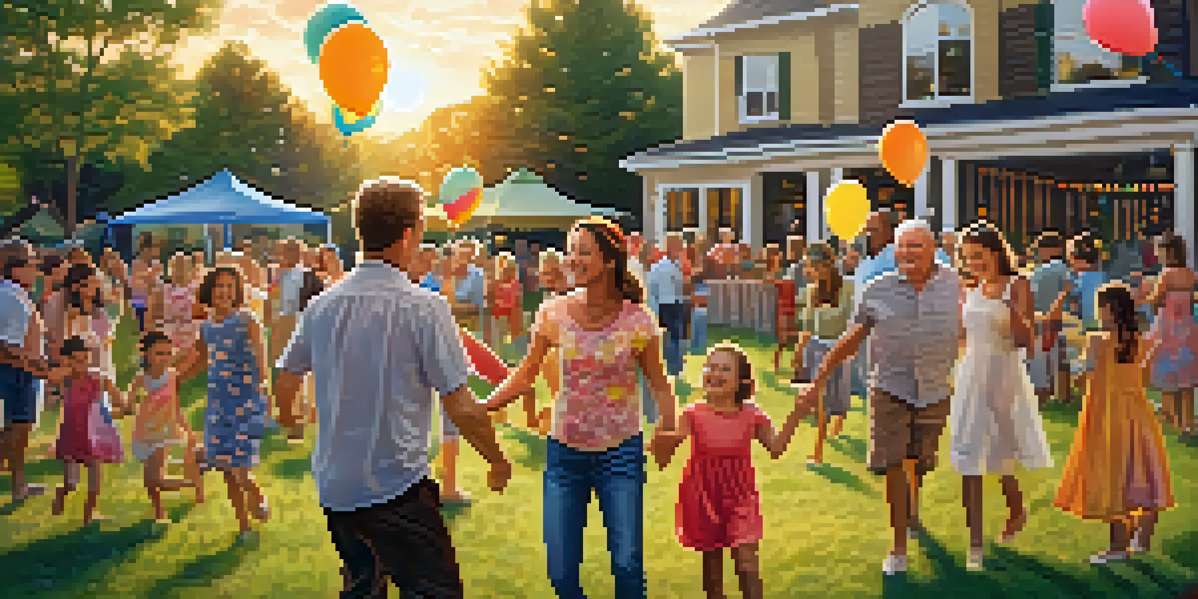 A family of multiple generations dancing joyfully in a backyard during a summer reunion, with colorful decorations and a picnic setup under a warm golden sunset.