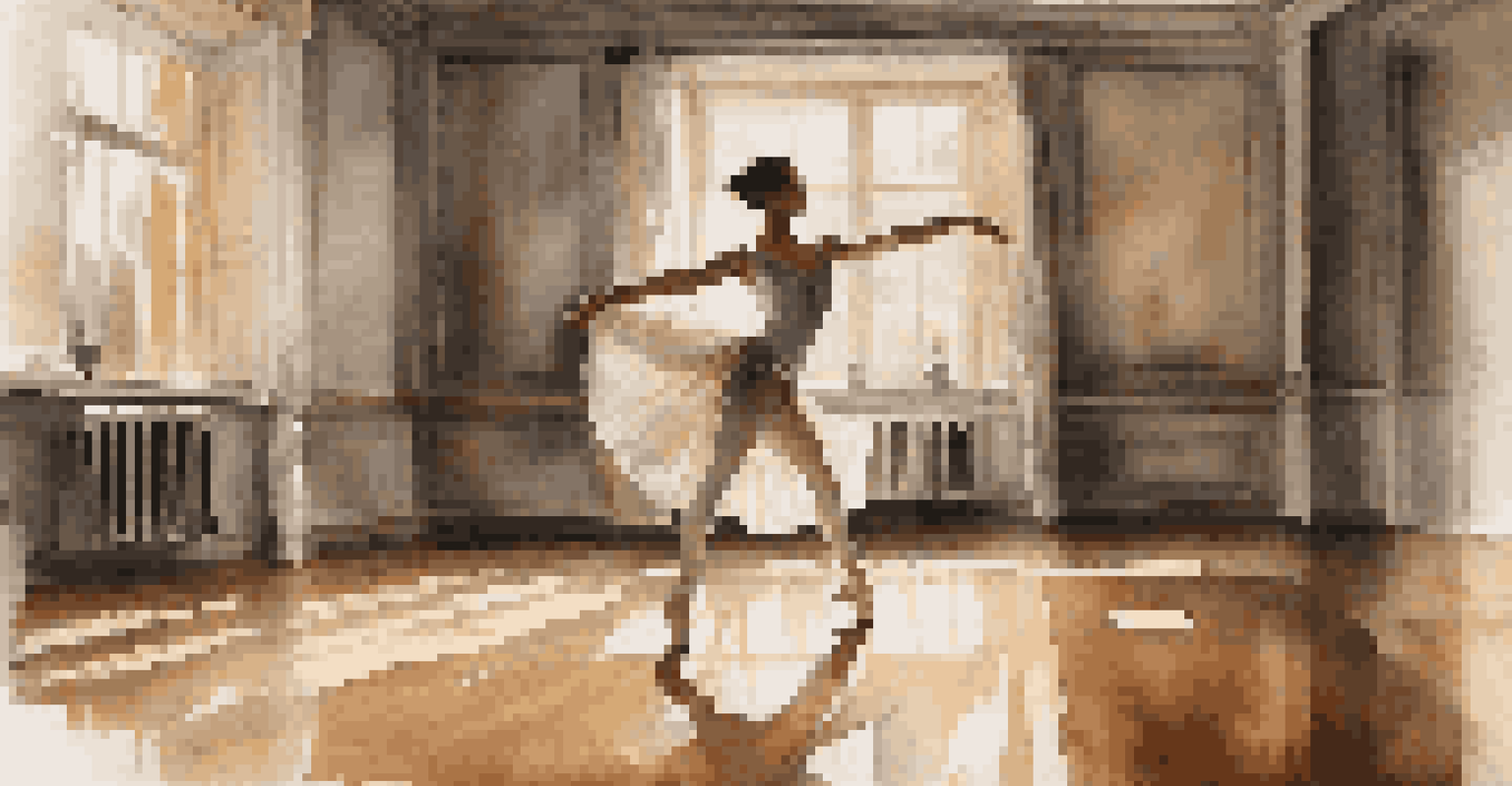 A solo dancer practicing in a dimly lit studio with mirrors and soft light.