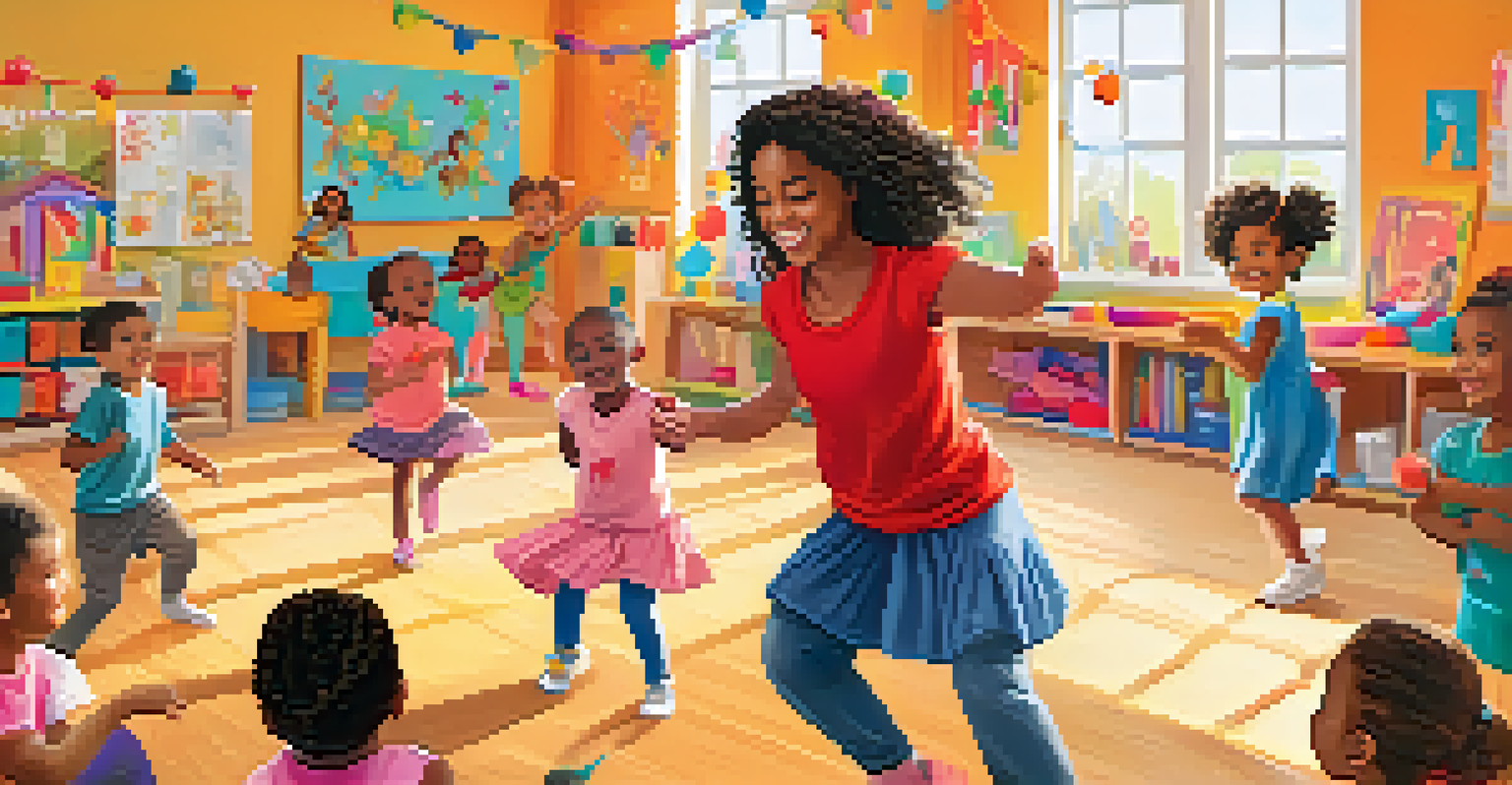 Children happily participating in a dance therapy session in a vibrant, colorful classroom filled with toys and decorations.