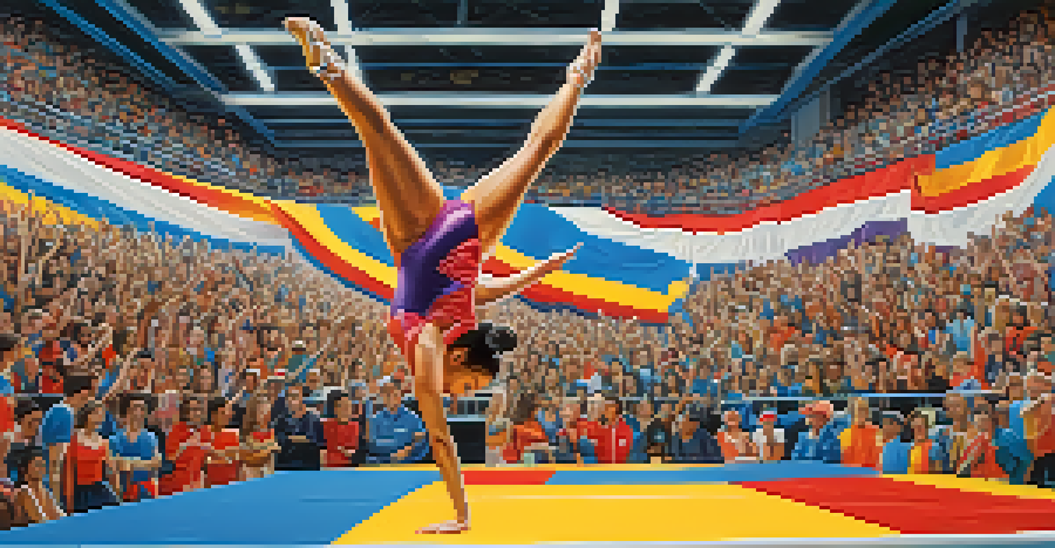 A gymnast performing hip-hop dance moves mid-routine in a competitive setting with an enthusiastic crowd in the background.