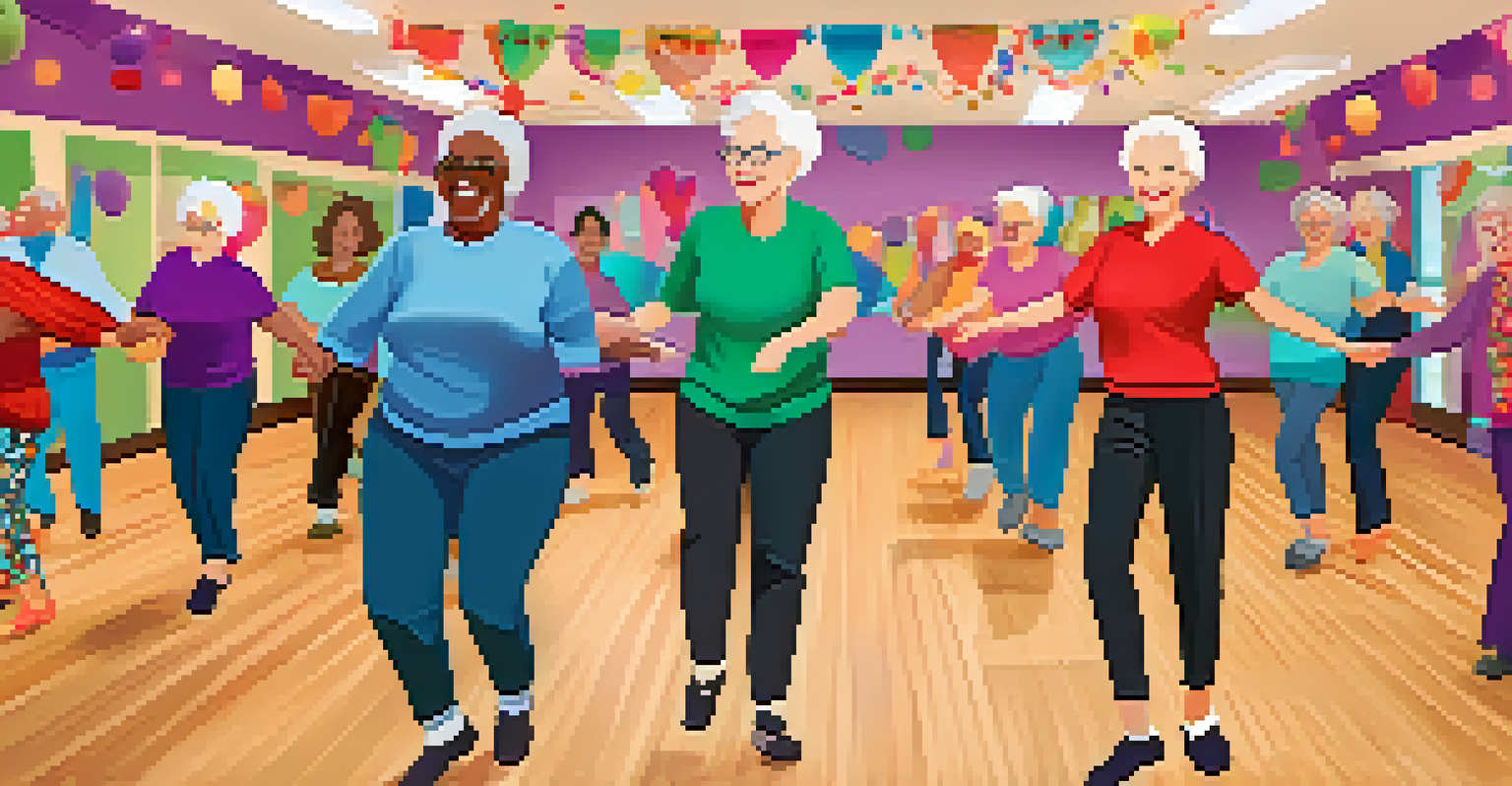 Seniors participating in a joyful line dancing class at a community center, smiling and engaged in the activity.