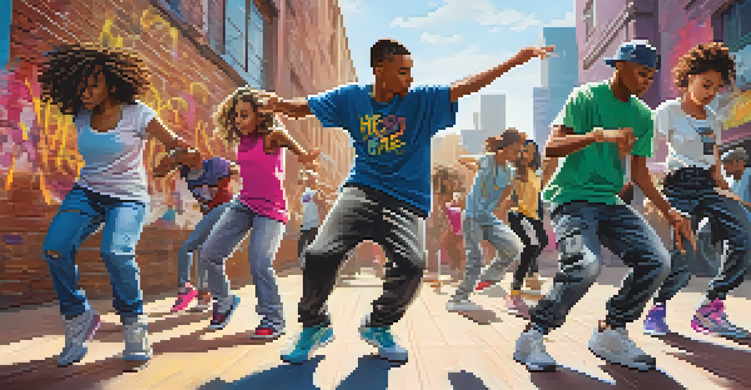 Young people in an urban hip-hop dance workshop, showcasing their skills with an energetic instructor and colorful graffiti art in the background.