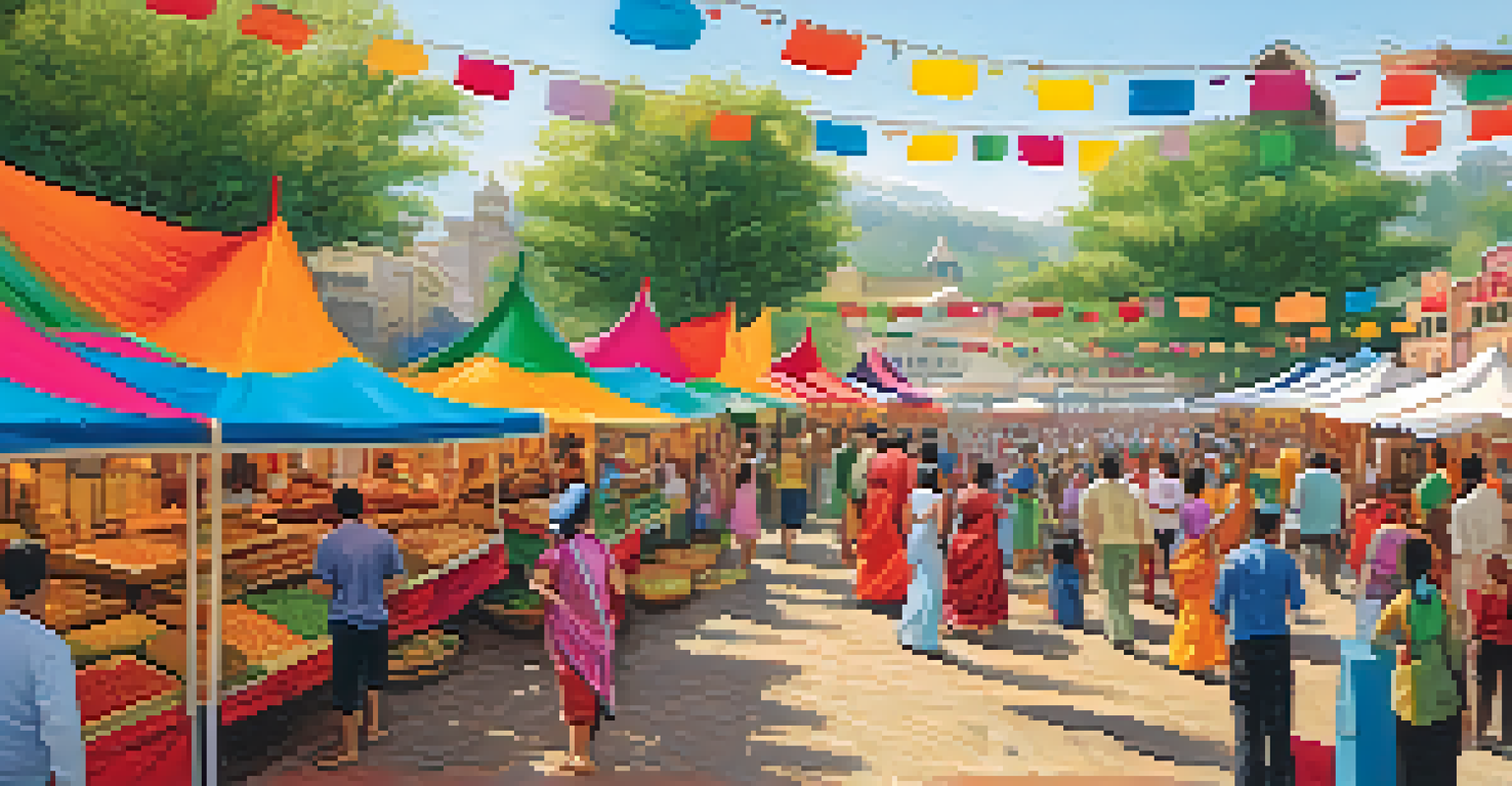 A lively outdoor market at a cultural dance festival with food stalls, artisans, and performers, showcasing a vibrant community atmosphere.