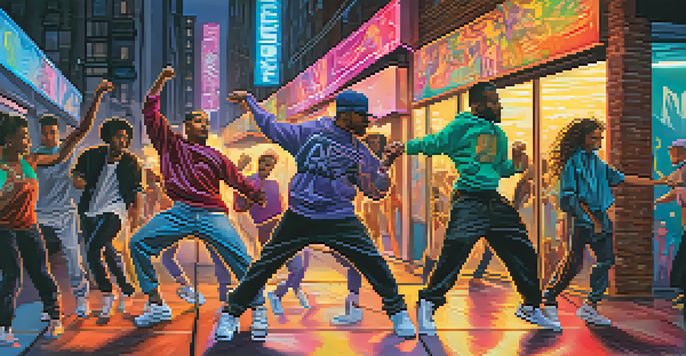 A diverse group of dancers performing a lively hip-hop routine in an urban setting with colorful streetlights and graffiti art.