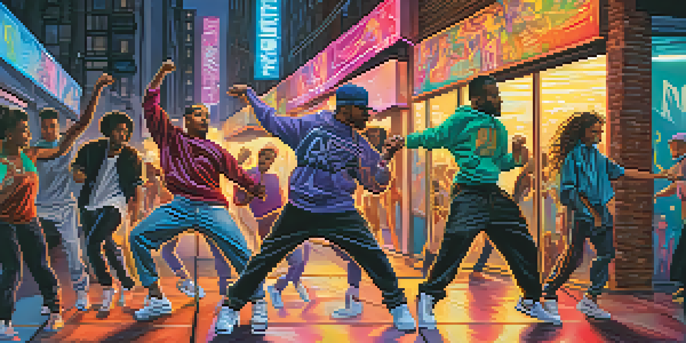 A diverse group of dancers performing a lively hip-hop routine in an urban setting with colorful streetlights and graffiti art.