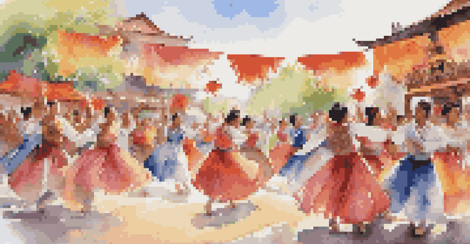 A cultural dance festival with dancers in traditional costumes performing energetically, surrounded by spectators and colorful decorations.