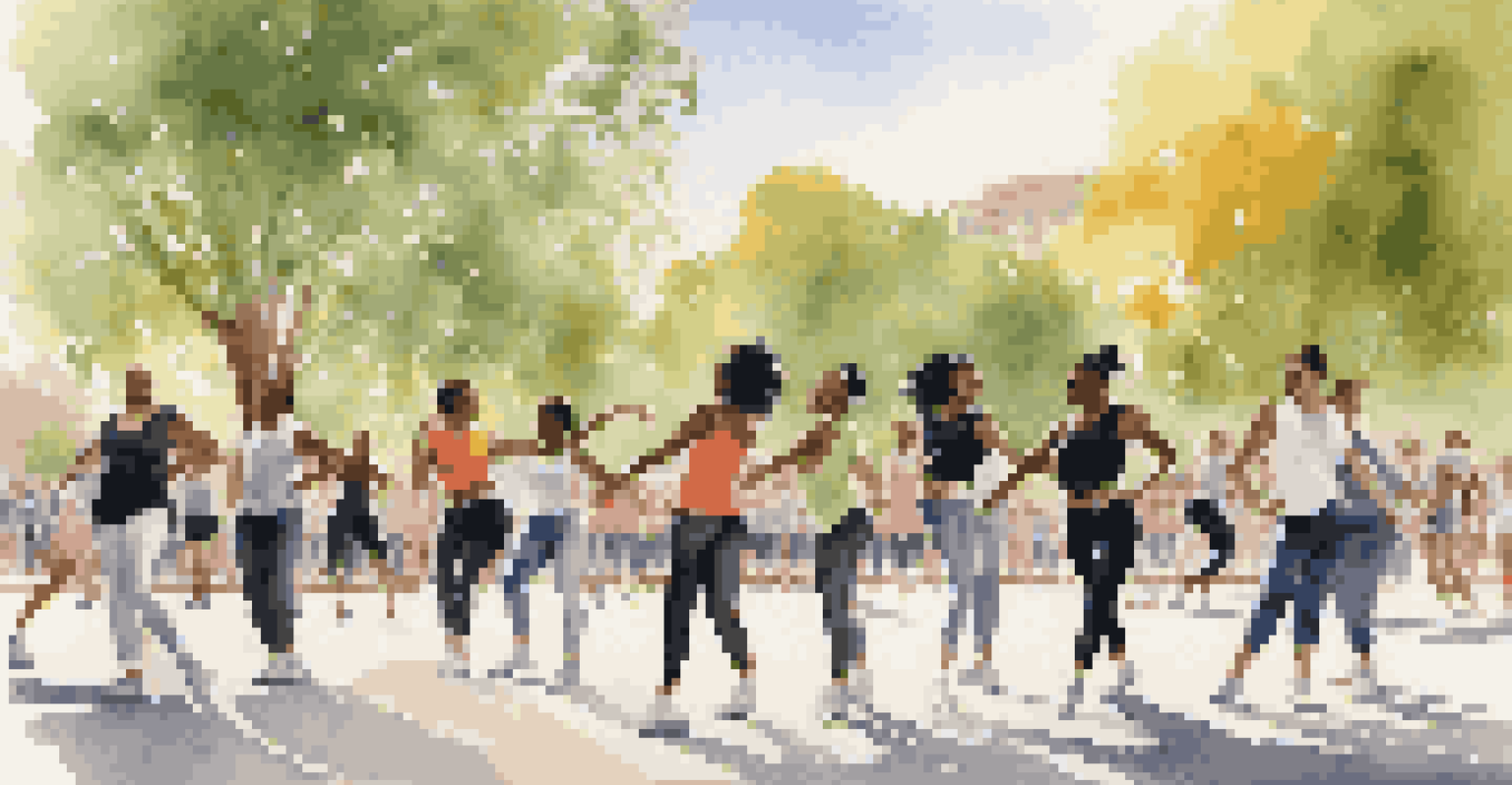 A group of diverse dancers rehearsing in an urban park, dressed in casual stylish outfits, with greenery and sunlight in the background.