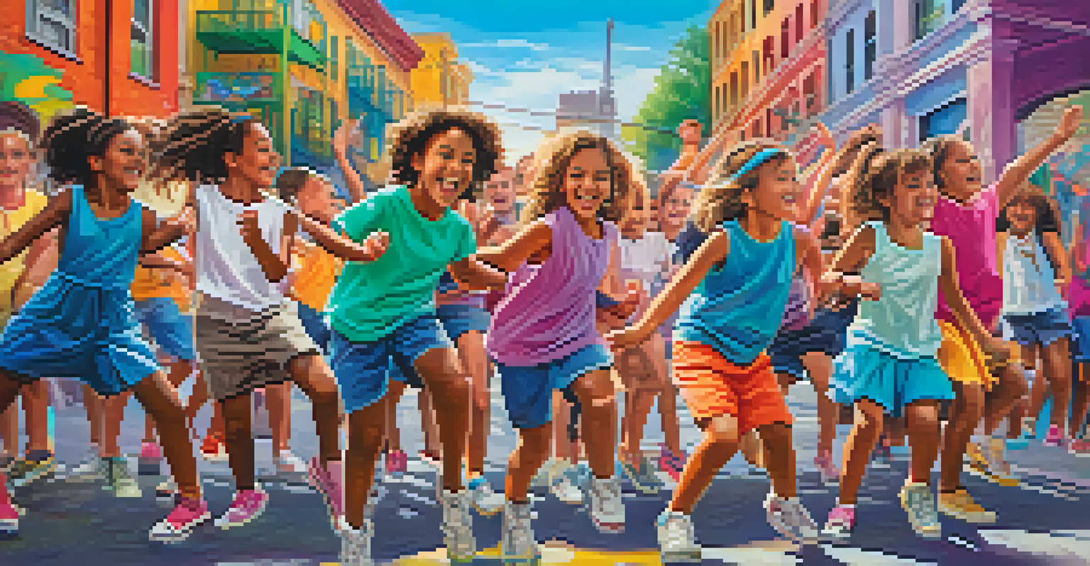Children joyfully participating in a dance challenge in an urban area, surrounded by colorful graffiti and spectators enjoying the performance.