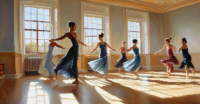 A group of diverse individuals participating in a dance therapy session in a bright studio, expressing themselves through movement.