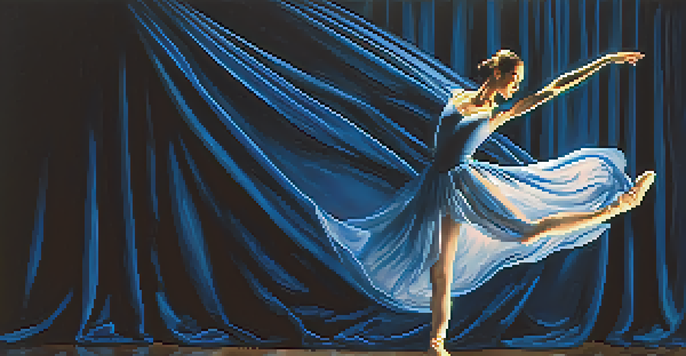 A dancer in a ballet pose under a spotlight on a stage with blue curtains.