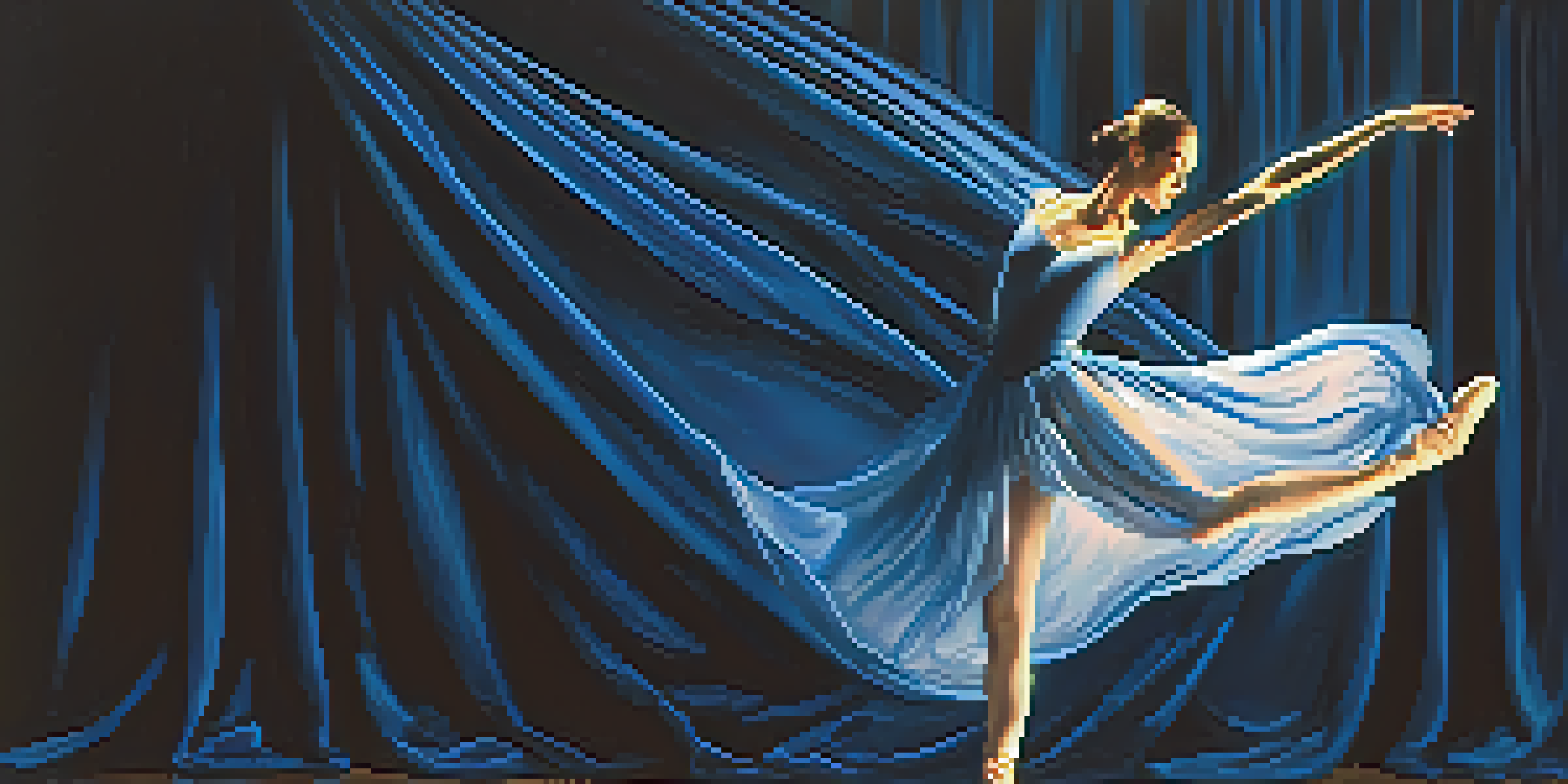 A dancer in a ballet pose under a spotlight on a stage with blue curtains.