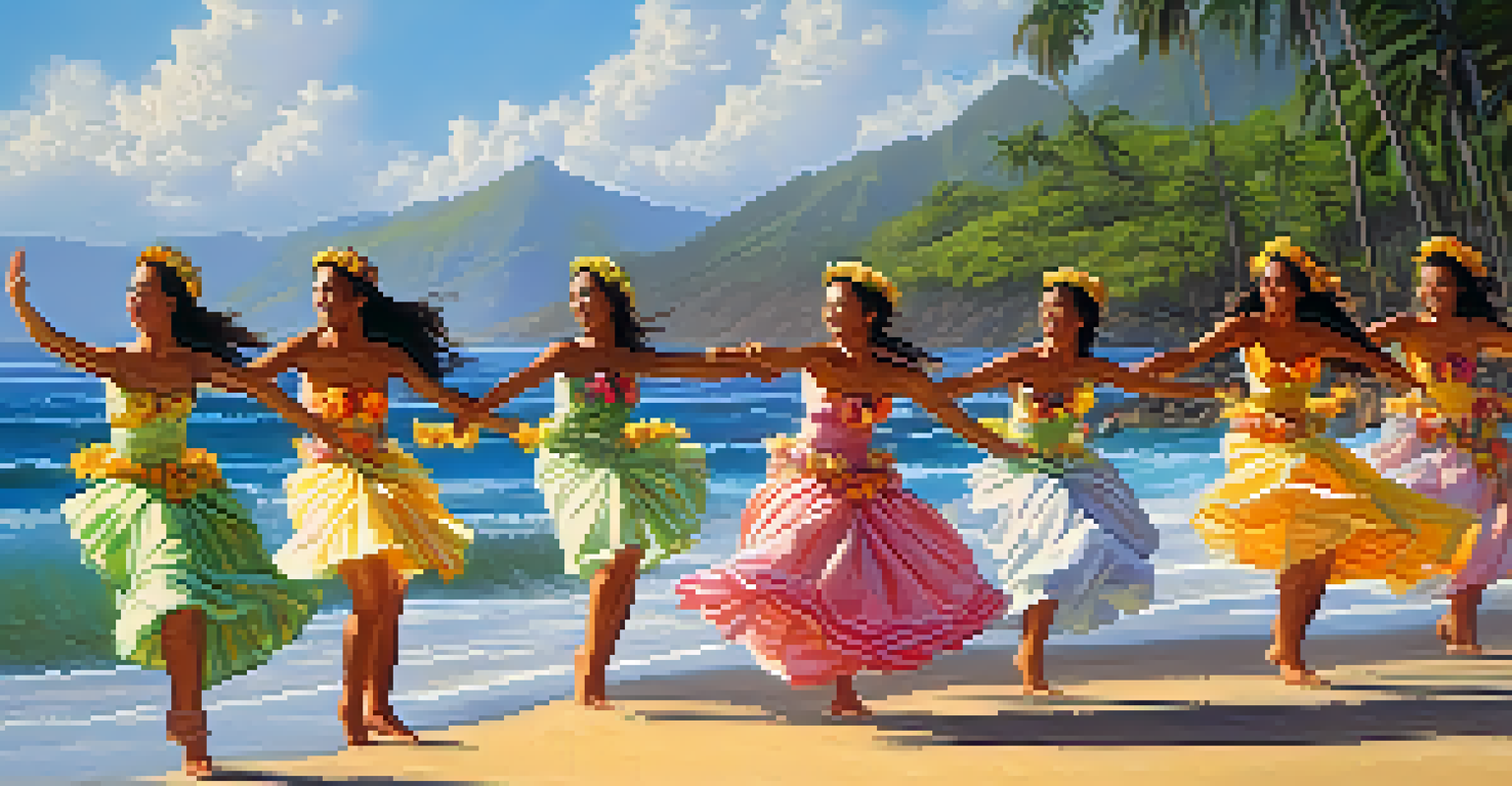 A group of dancers performing Hula on a beach in Hawaii, surrounded by palm trees and sunlight.