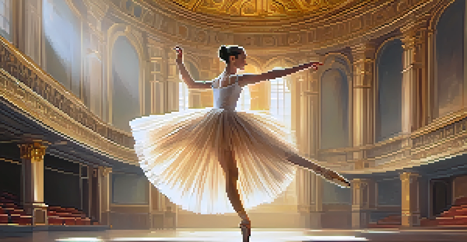 A graceful ballet dancer in a flowing tutu performing on a sunlit stage in a grand theater.