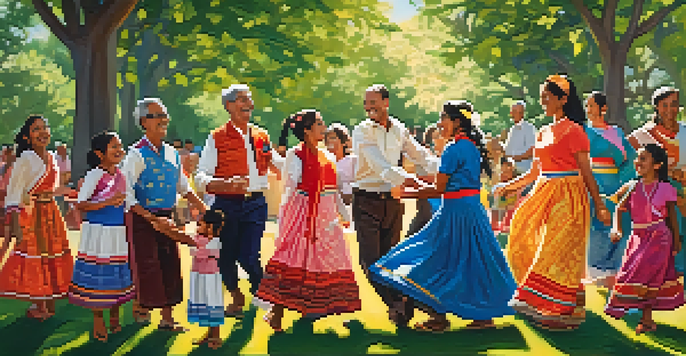 A joyful family gathering in a park, dancing together in colorful traditional outfits under the sunlight.
