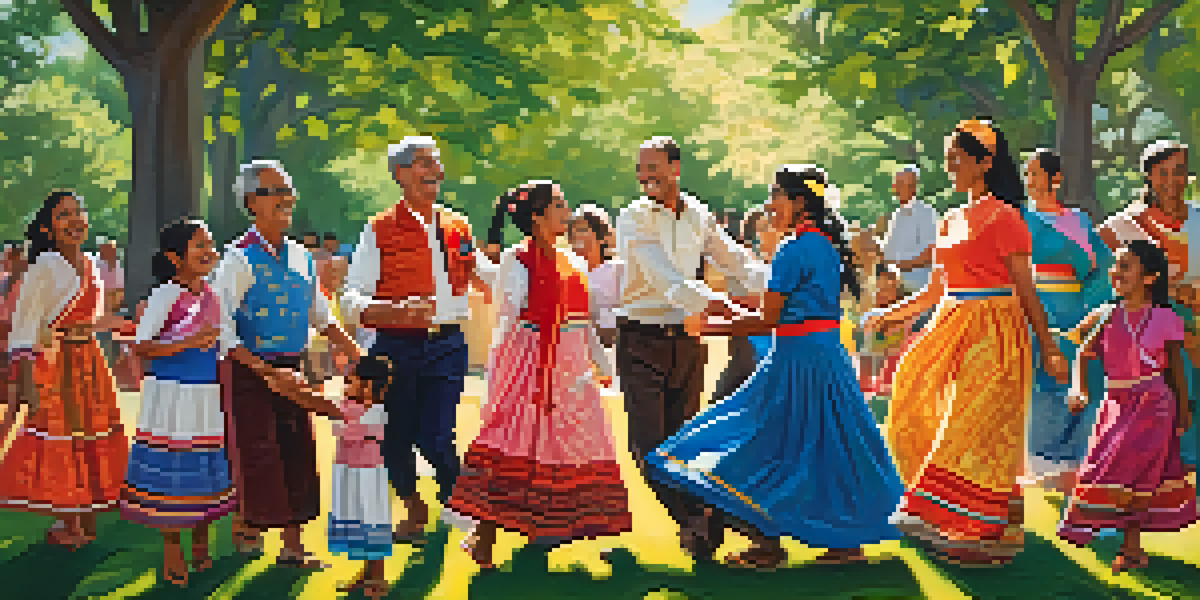 A joyful family gathering in a park, dancing together in colorful traditional outfits under the sunlight.