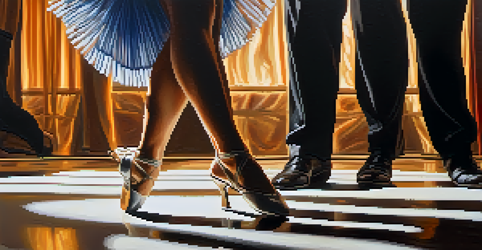 A close-up of a dancer's feet in dance shoes on a textured stage floor, showcasing movement and detail.