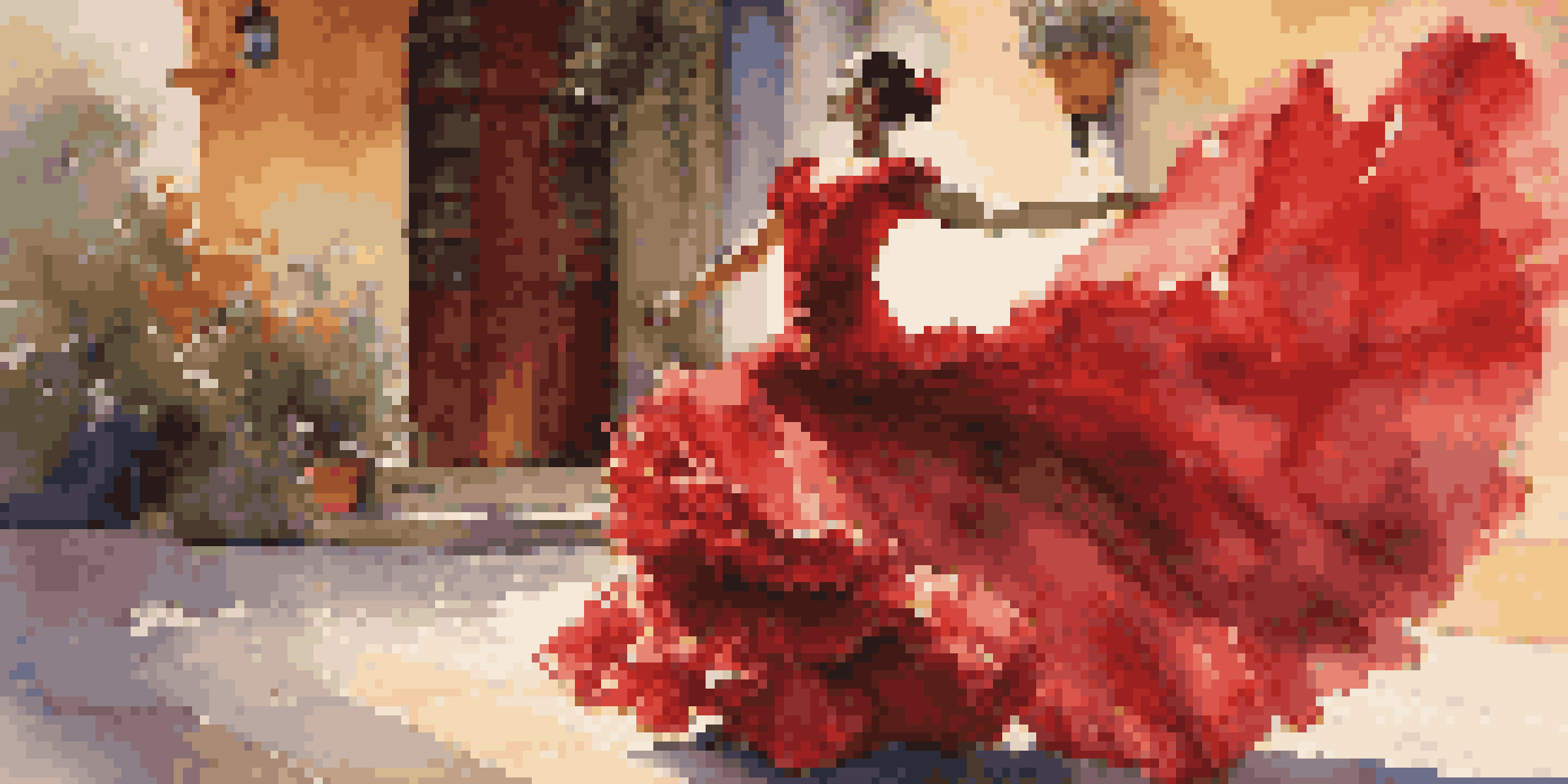 A flamenco dancer in a red ruffled dress performing in a Spanish courtyard with colorful tiles and flowers, illuminated by soft evening light.