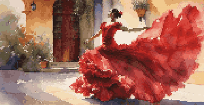 A flamenco dancer in a red ruffled dress performing in a Spanish courtyard with colorful tiles and flowers, illuminated by soft evening light.