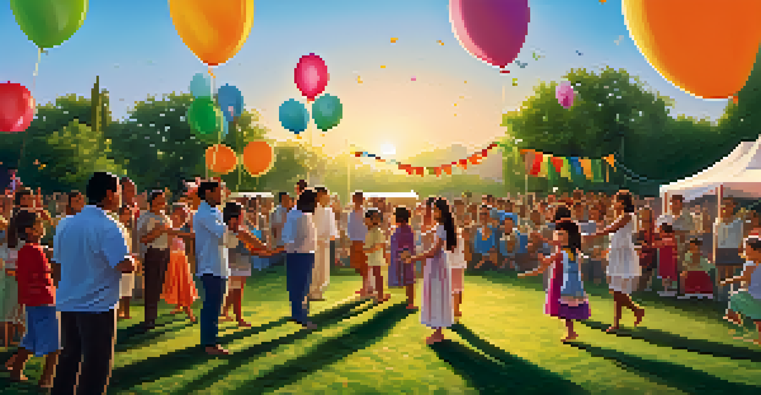 Families watching children perform a traditional dance at an outdoor community event in a park during sunset.