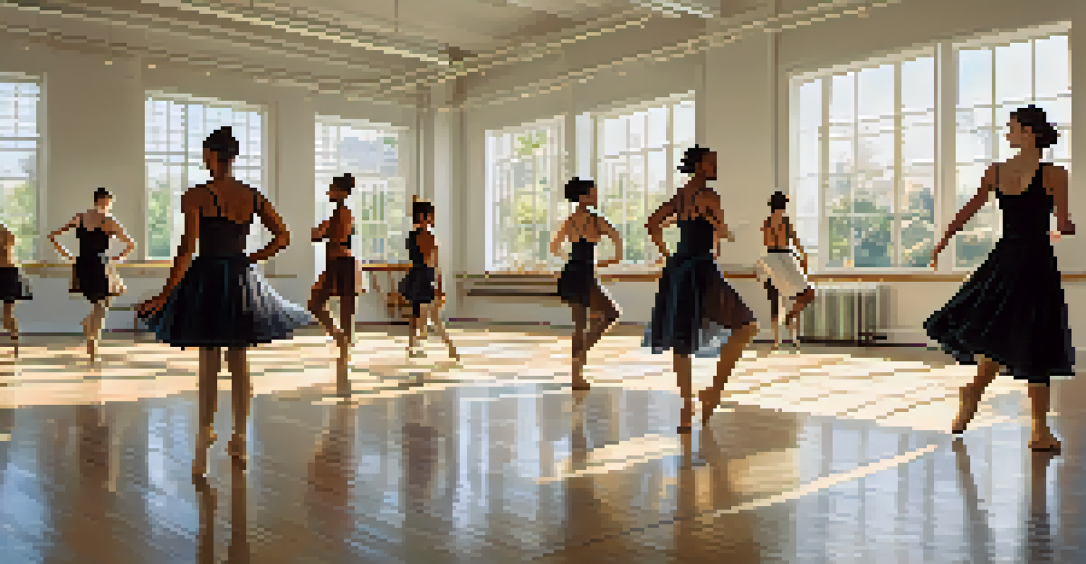 A group of diverse dancers collaborating in a bright studio, showcasing teamwork and creativity in their rehearsal.