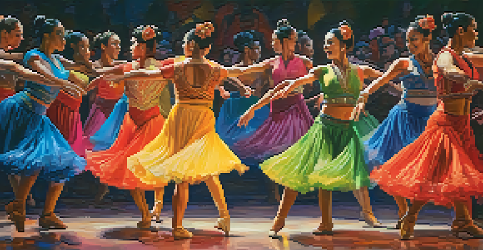A group of diverse dancers in colorful costumes performing on stage, surrounded by an engaged audience under bright stage lights.