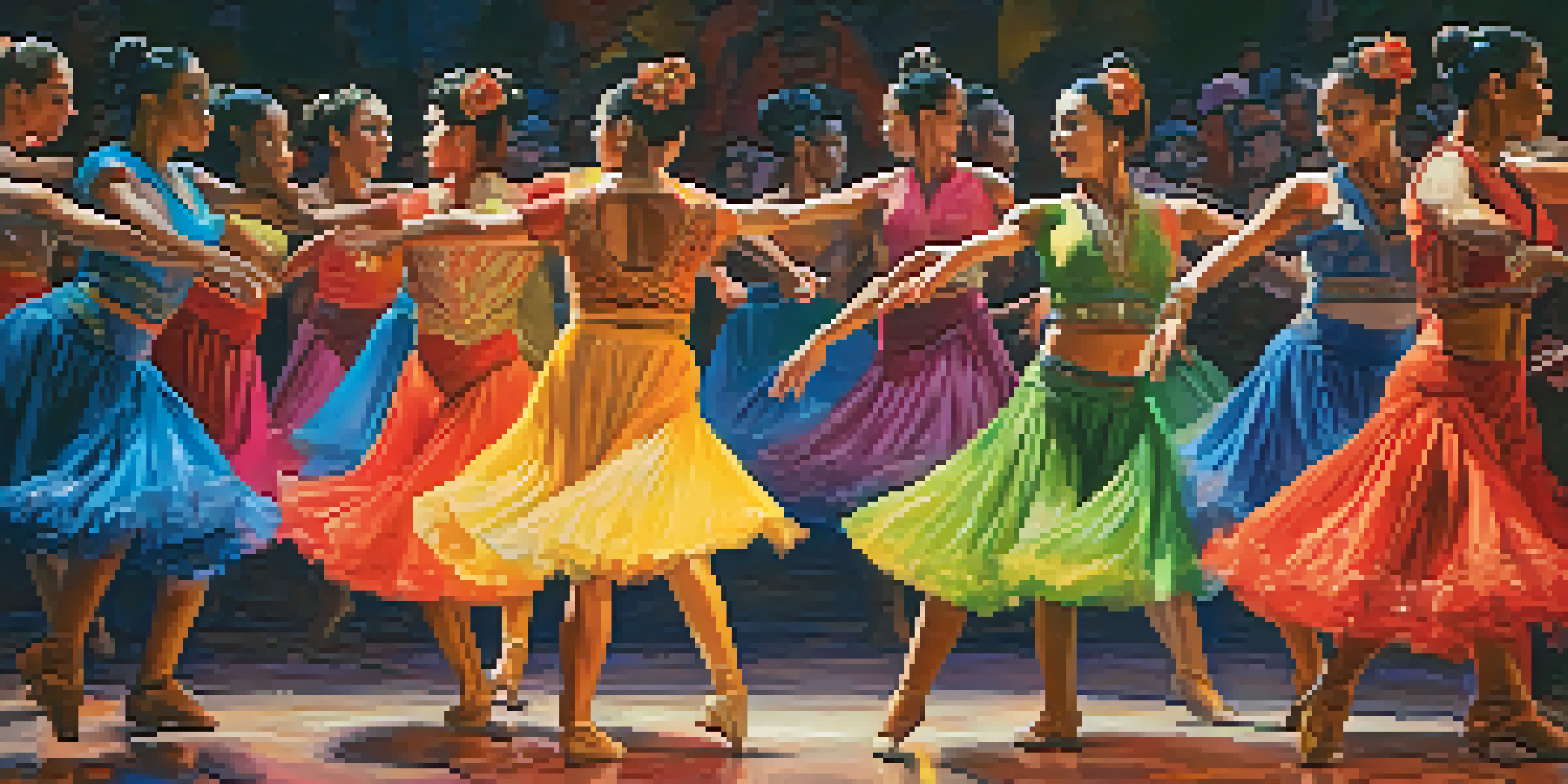 A group of diverse dancers in colorful costumes performing on stage, surrounded by an engaged audience under bright stage lights.