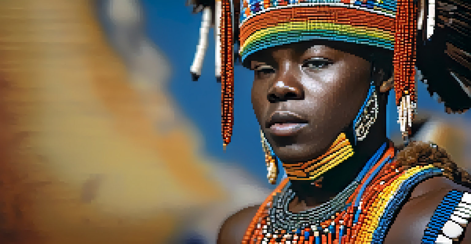 A close-up of a Zulu dancer's costume, showcasing intricate beadwork and vibrant fabrics, with soft natural light enhancing the details.