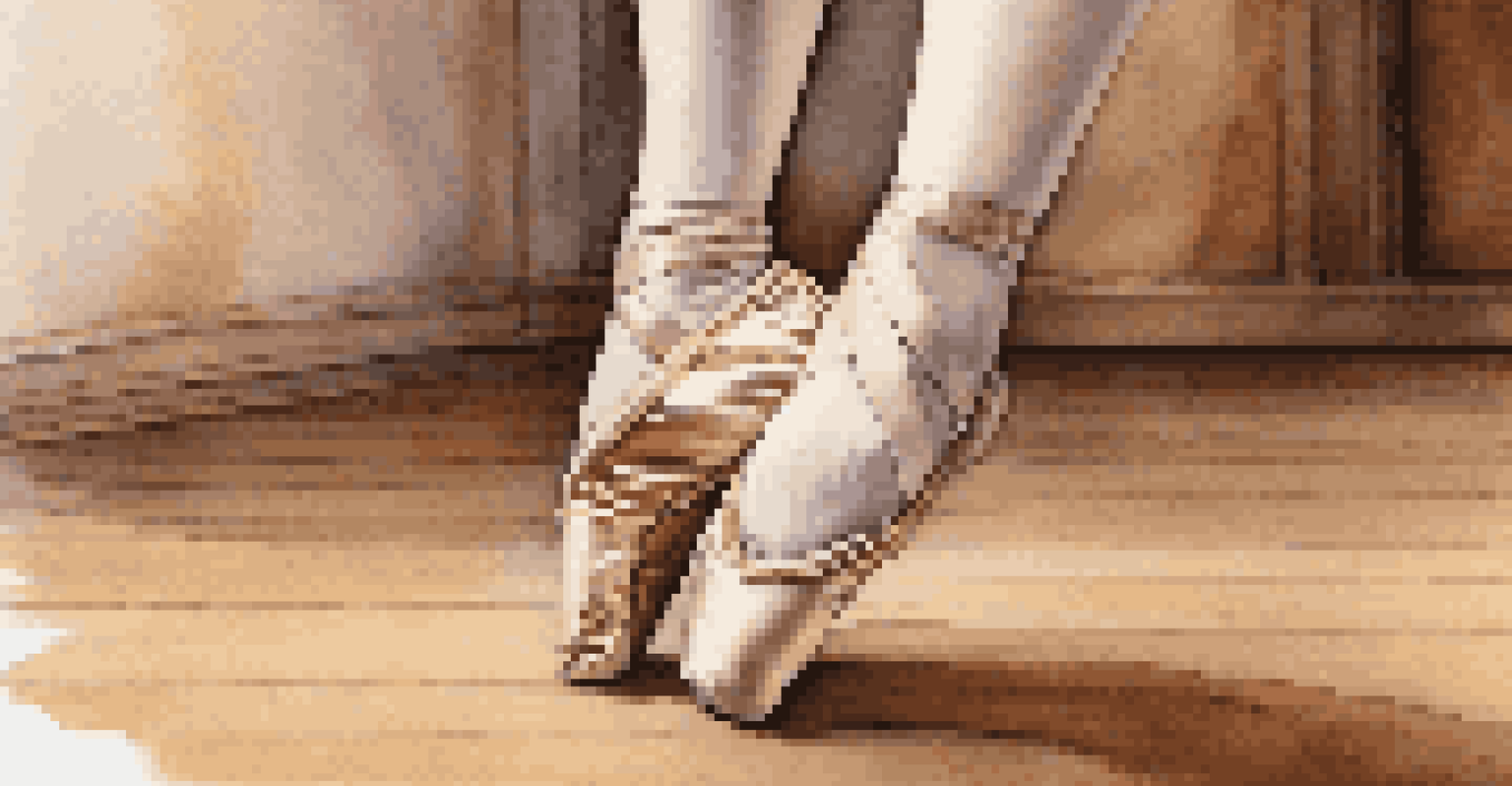 Close-up of a dancer's foot in a ballet slipper on a wooden floor.