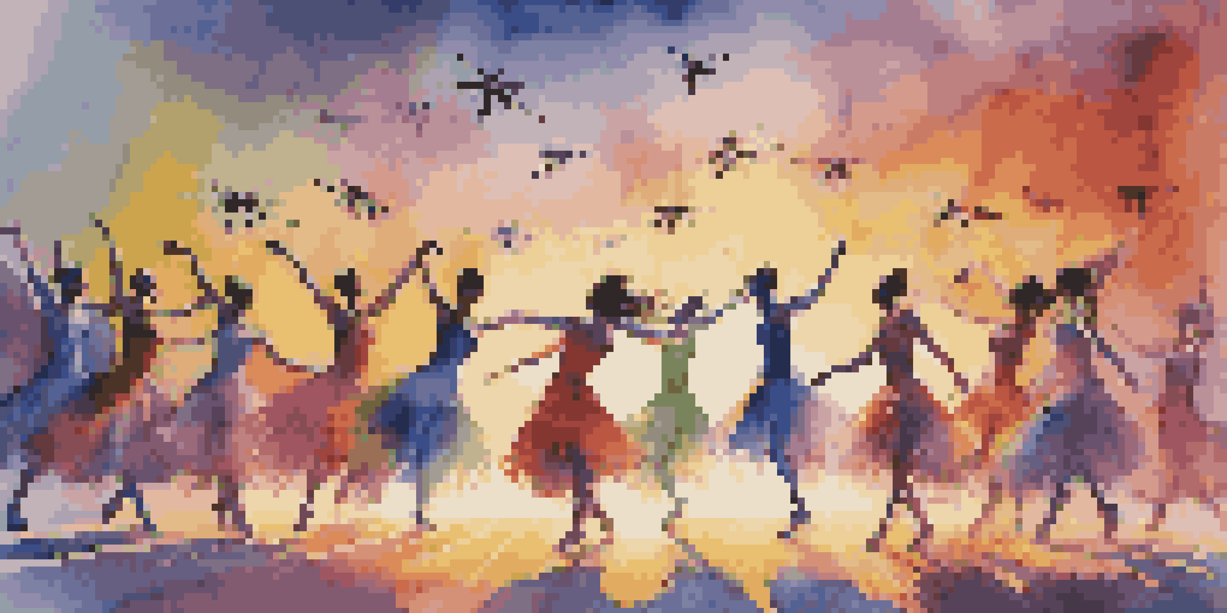 A group of dancers performing on stage with colorful costumes, accompanied by flying drones that have dynamic lights, set against a beautiful sunset.