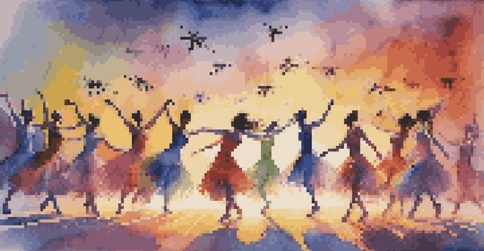A group of dancers performing on stage with colorful costumes, accompanied by flying drones that have dynamic lights, set against a beautiful sunset.