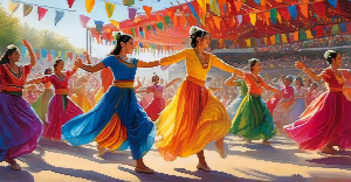 A colorful outdoor dance festival with dancers in traditional costumes and a cheering crowd under bright banners.