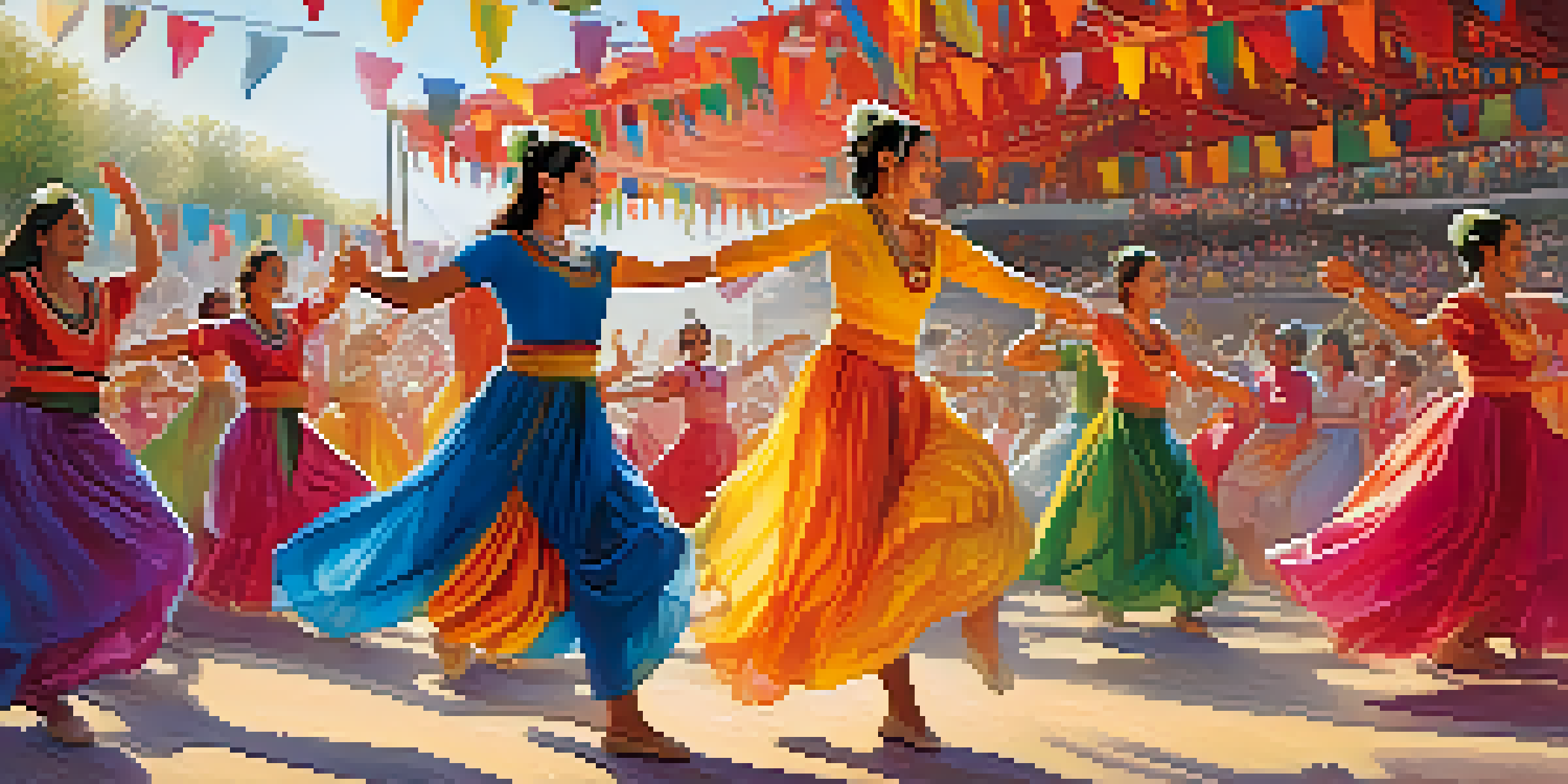 A colorful outdoor dance festival with dancers in traditional costumes and a cheering crowd under bright banners.