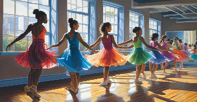 A diverse group of dancers practicing together in a bright dance studio, showcasing various dance styles.