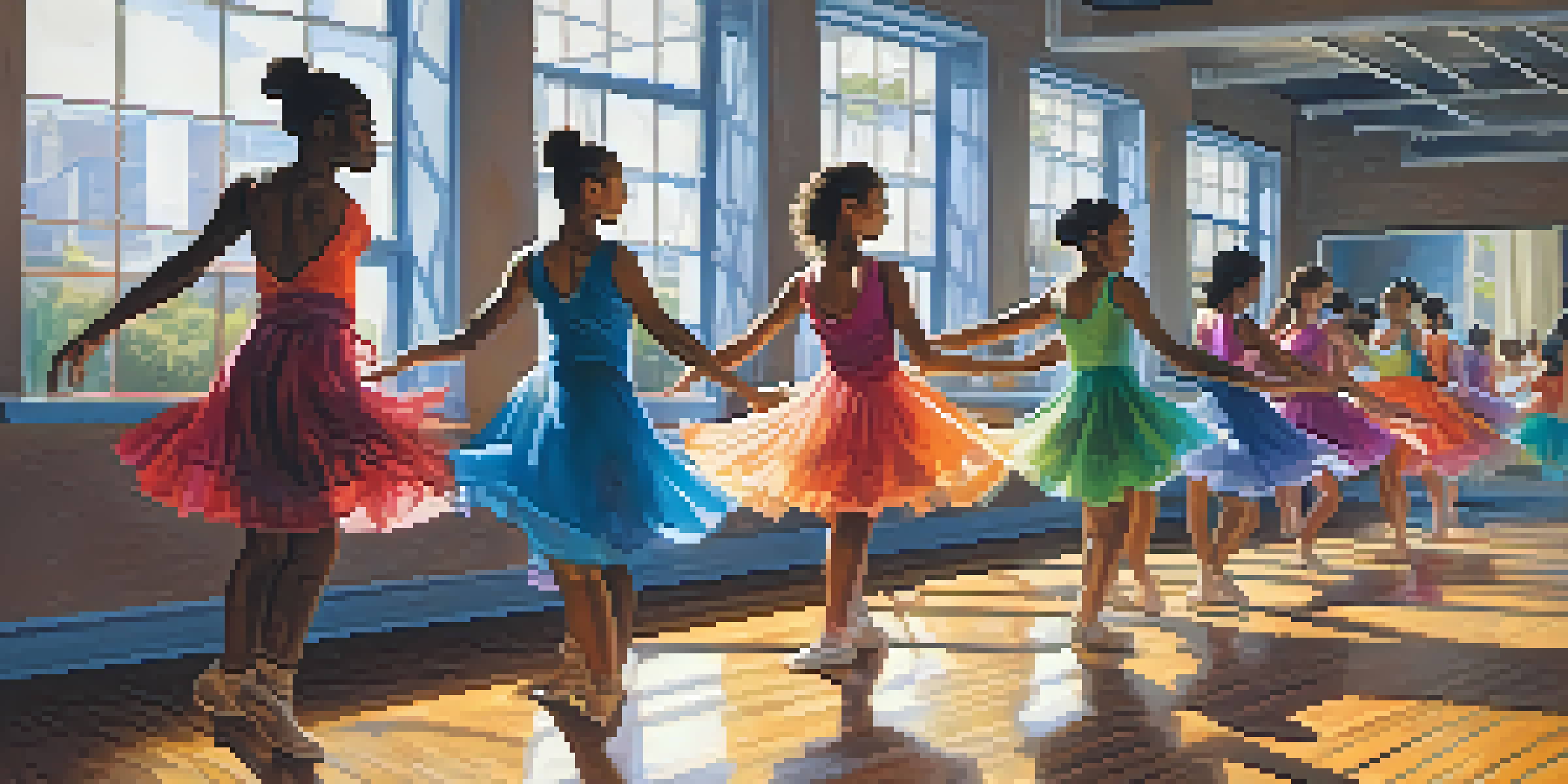 A diverse group of dancers practicing together in a bright dance studio, showcasing various dance styles.