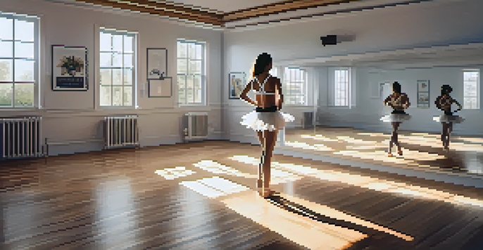 A dancer in a peaceful studio practicing deep breathing in front of a mirror, surrounded by sunlight and motivational quotes.