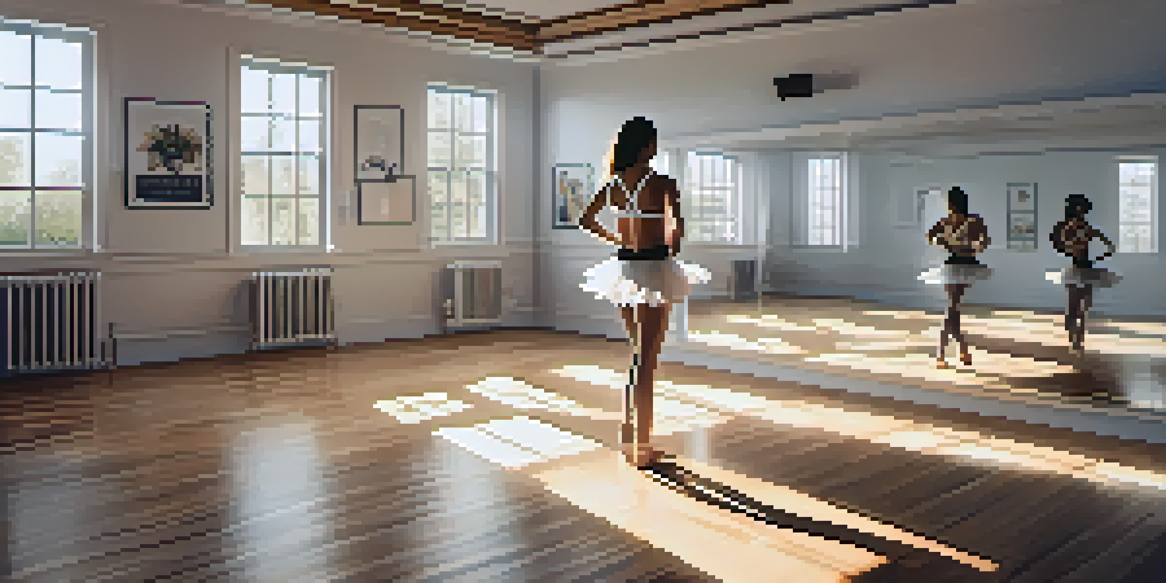 A dancer in a peaceful studio practicing deep breathing in front of a mirror, surrounded by sunlight and motivational quotes.