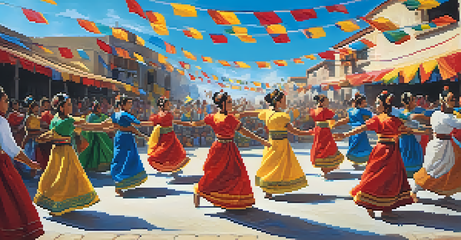 Dancers in traditional costumes performing at a cultural festival, surrounded by colorful decorations and an engaged audience.