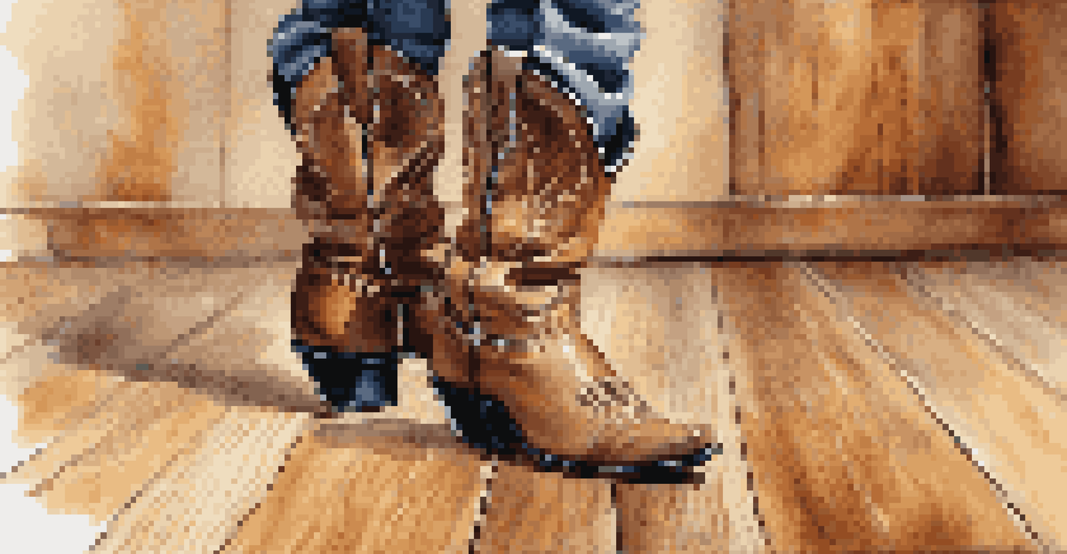Close-up of a dancer's cowboy boots performing a line dance step on a textured wooden floor.
