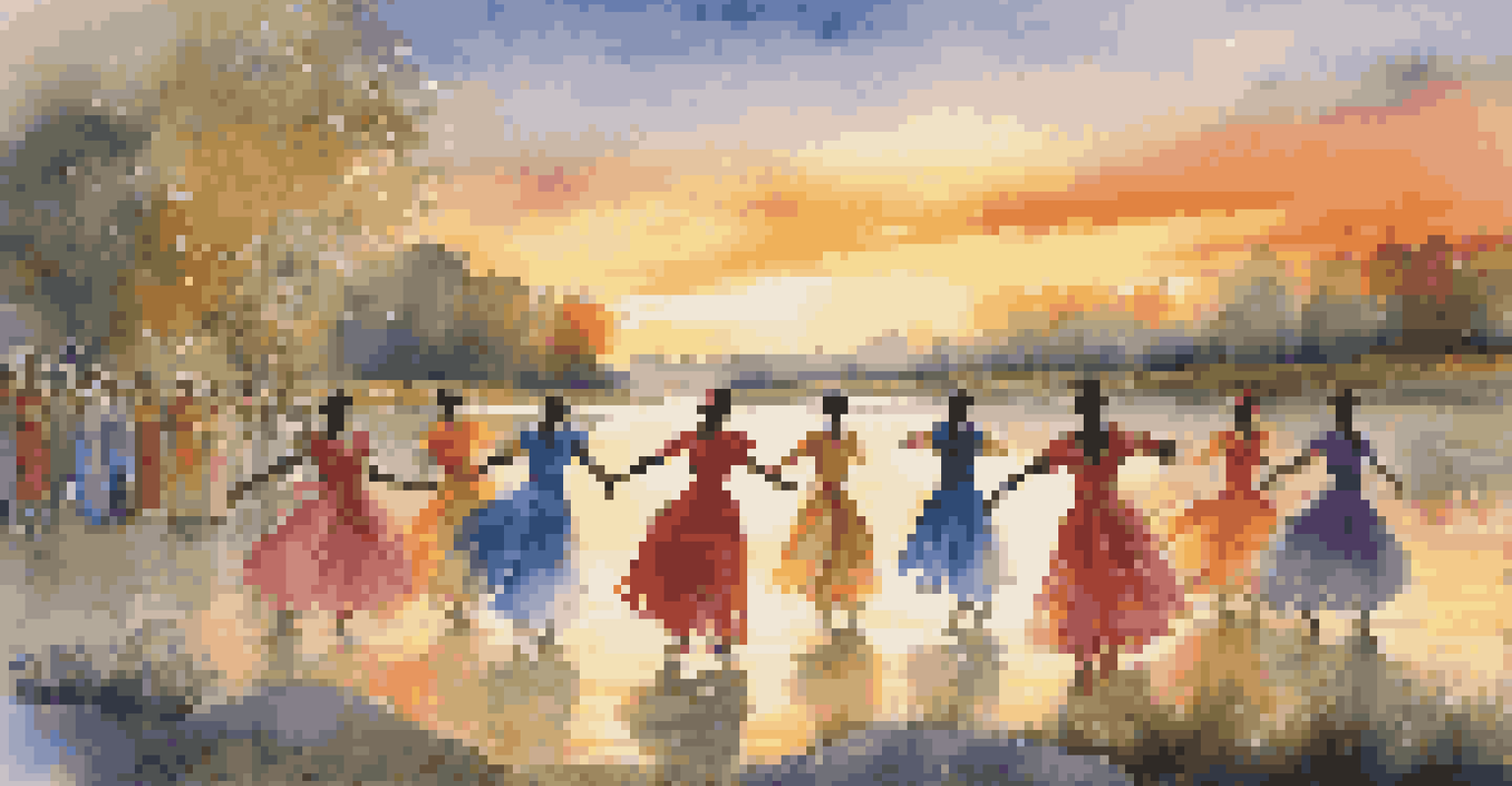 Dancers performing by a flowing river at sunset, wearing colorful costumes.